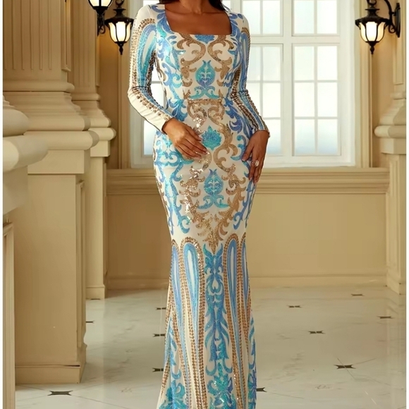 Blue, Baroque Print, Long Sleeved, Square Neck, Mermaid Gown for Specia… - Picture 7 of 10